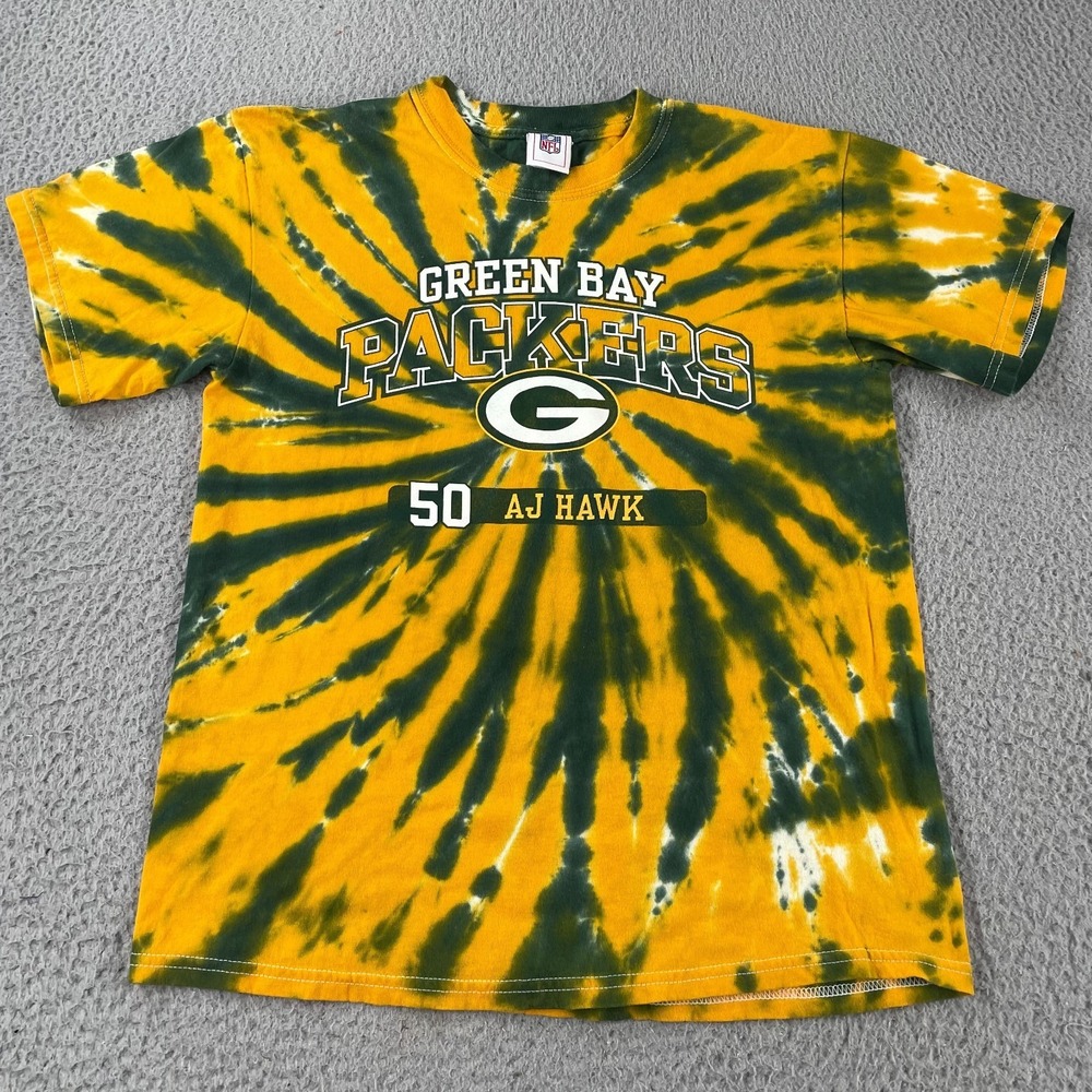 Green Bay Packers T Shirt NFL Mens Green Yellow Tie Dye AJ Hawk Size Medium‎ SS